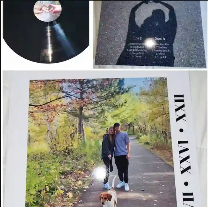 Custom black vinyl record featuring a romantic silhouette photo cover and a personalized heart-shaped center label for a sentimental gift.