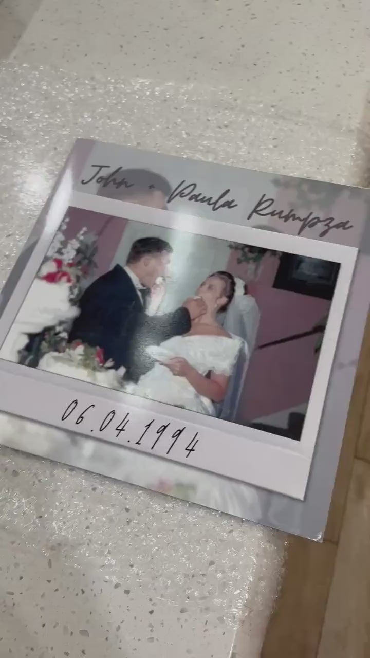 Heartfelt personalized vinyl record gift for a wedding anniversary, showcasing a custom photo cover and center labels that tell a unique story.