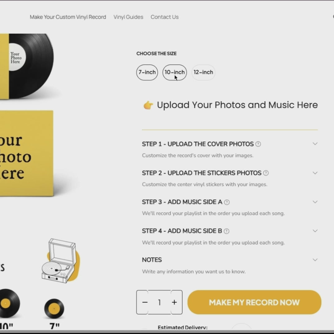 Tutorial showing how to select a vinyl size and upload high-resolution photos for the custom vinyl record cover and labels.