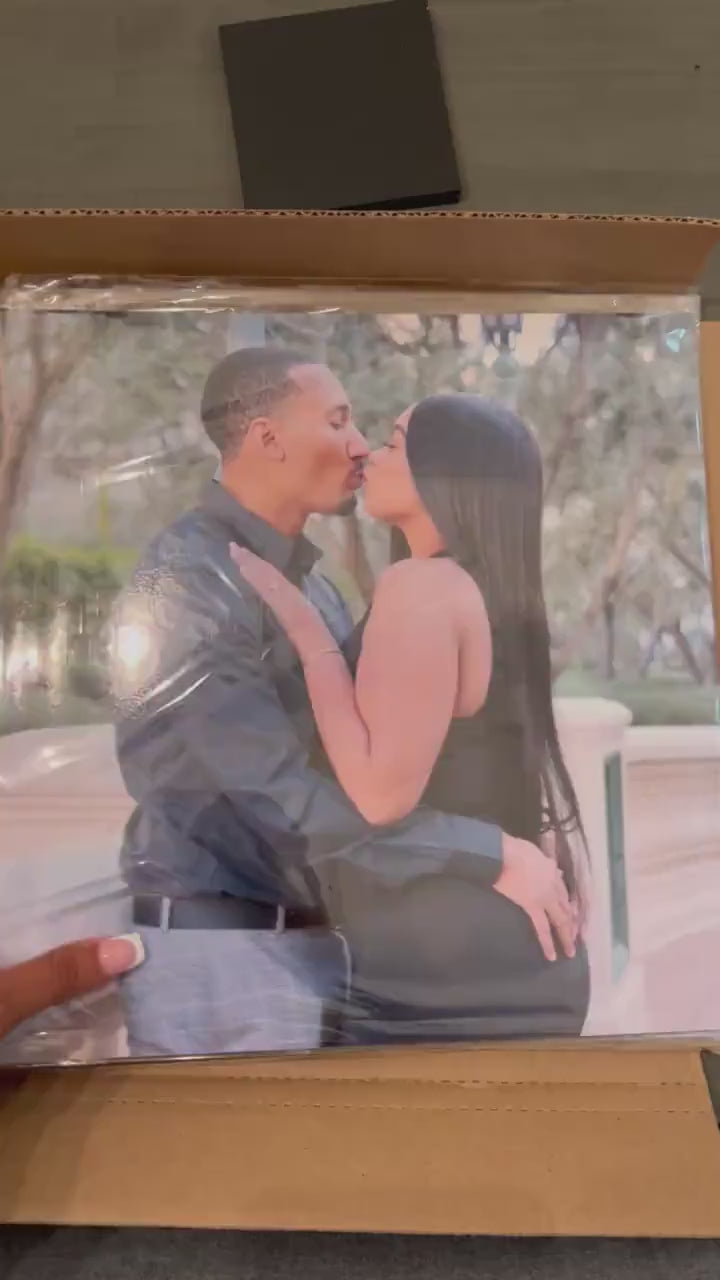 Unboxing experience of a custom vinyl record gift, showing the high-resolution printing on the personalized record jacket and secure packaging.