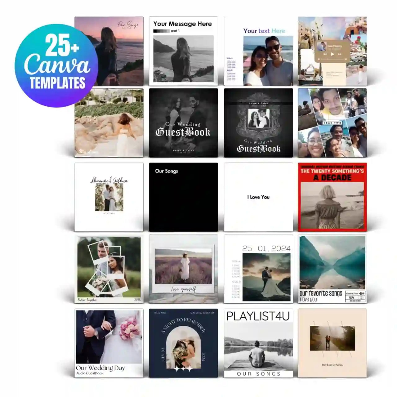 A collage of over 25 professional and free Canva templates for designing custom vinyl record covers and labels for weddings and anniversaries.