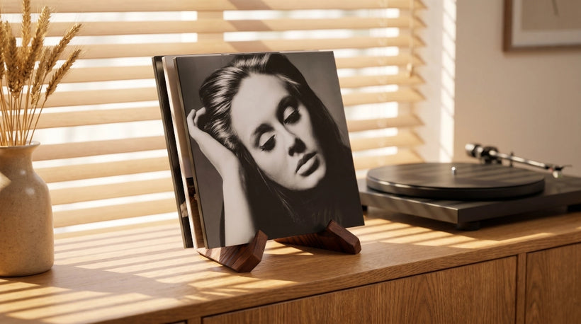 PUERSI wooden X-shape now playing vinyl record display stand rustic brown