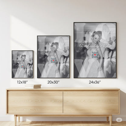 Three framed wedding photos of a couple with text overlay, displayed on a wall above a wooden cabinet.