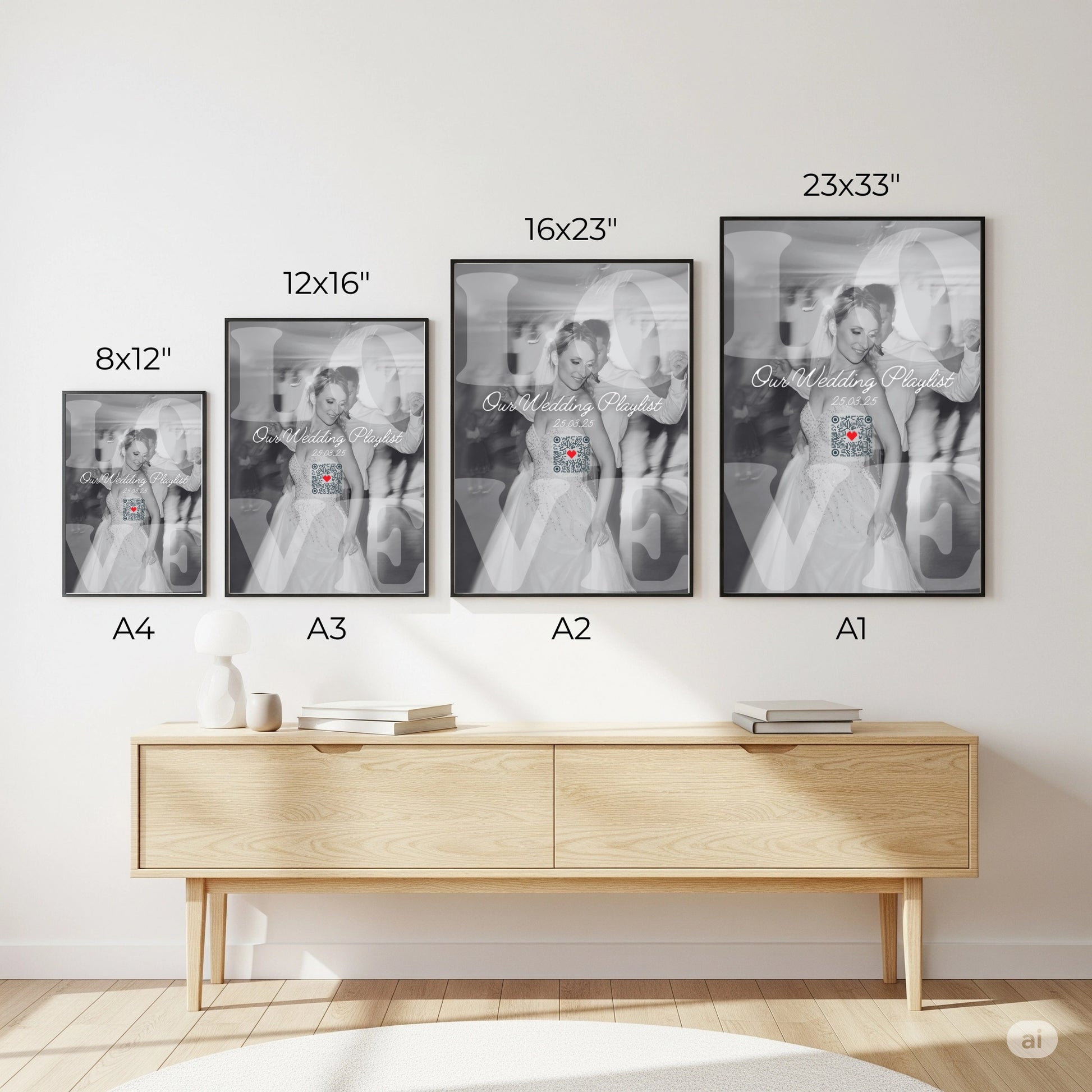 Set of photo frames with different sizes displayed on a wall above a wooden console table.