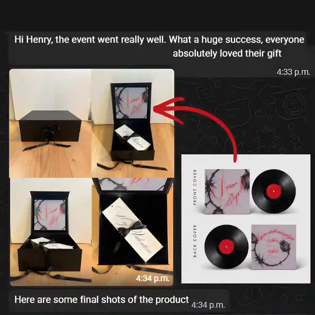 A high-end collage showing the final custom vinyl record in a luxury black gift box with floral artwork, accompanied by a digital mockup of the front and back covers and a client testimonial confirming a successful event.
