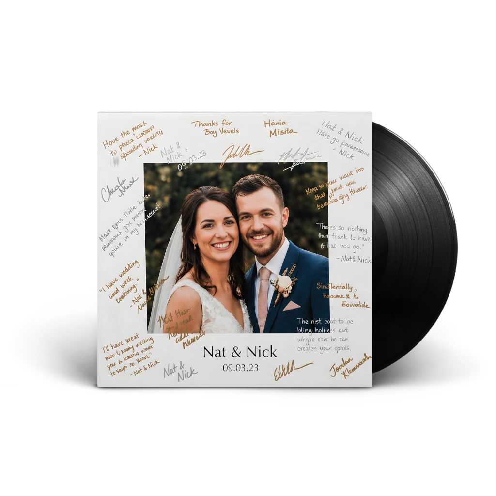 Vinyl record wedding guest book with custom photo cover and guest signatures — CCS Vintage