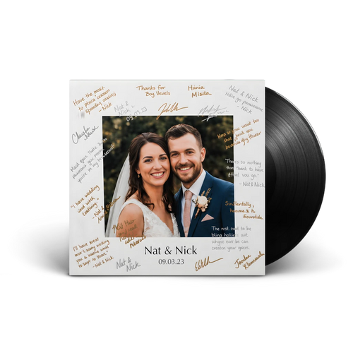 Vinyl record wedding guest book with custom photo cover and guest signatures — CCS Vintage