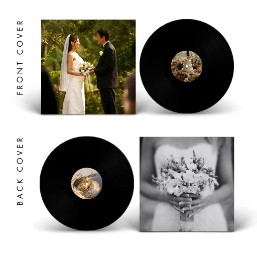 Professional digital art proof showing front and back covers and custom center labels for a wedding vinyl guest book.