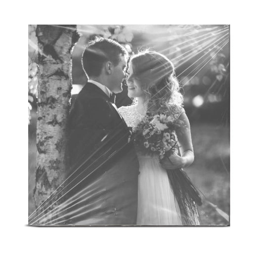 Premium 12-inch glossy vinyl jacket with a black and white wedding photo, perfect for guest signatures.