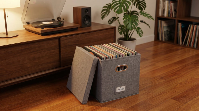 ZICOTO grey linen vinyl record storage box holds 50+ records
